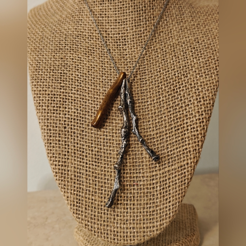 Handmade Oxidized Silver 925 & Gold Lacquer Coral Twig Branch Pendants Necklace - Picture 5 of 12